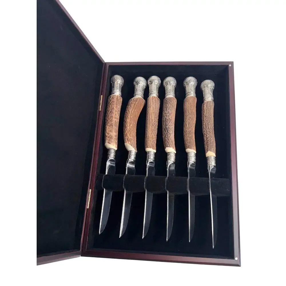 Vagabond House King Crown Steak Knife Set of 6 with Regal Antler Detail EUC